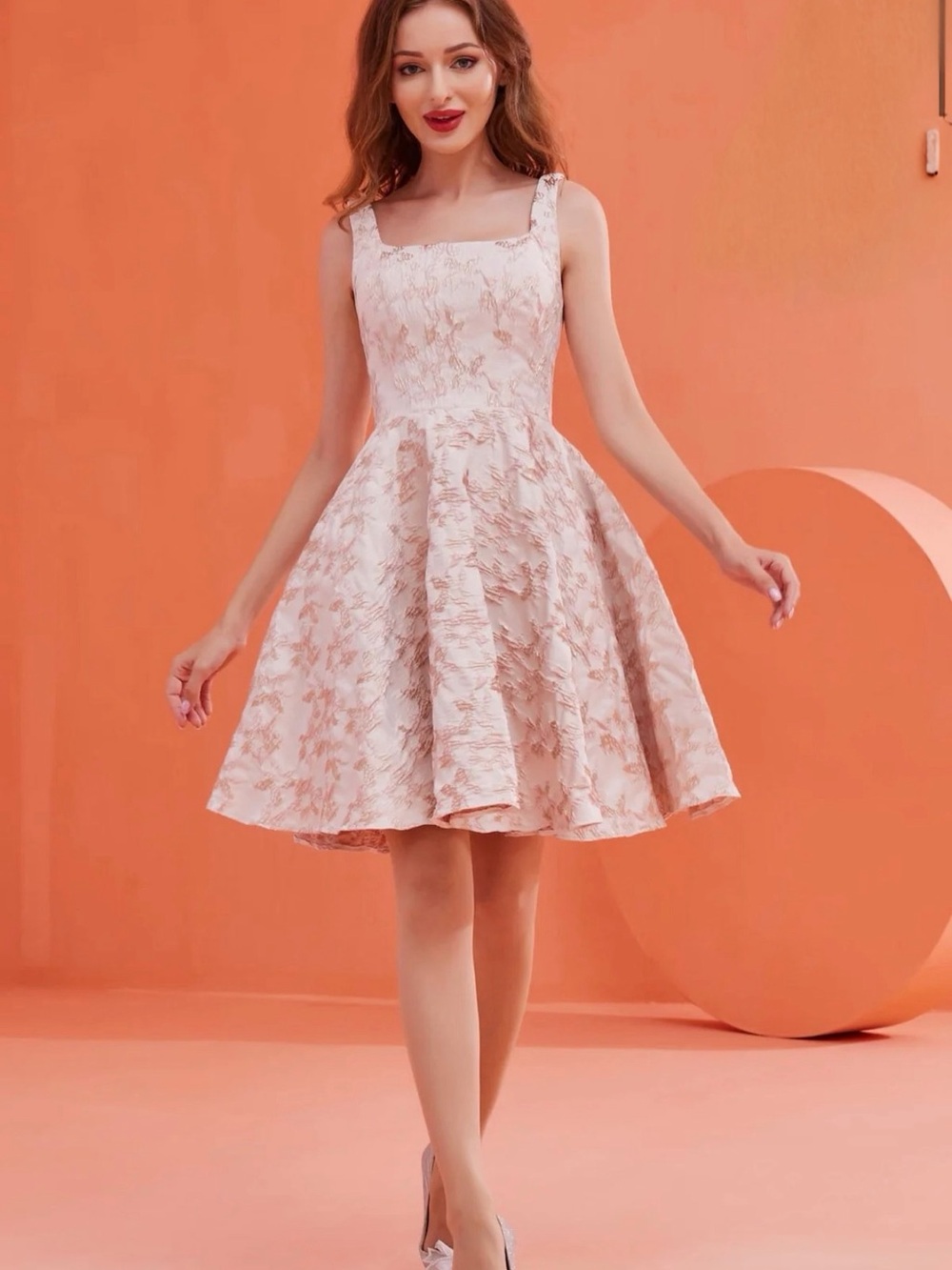 Square-Neck Floral Lace Mini Dress in Blush Pink